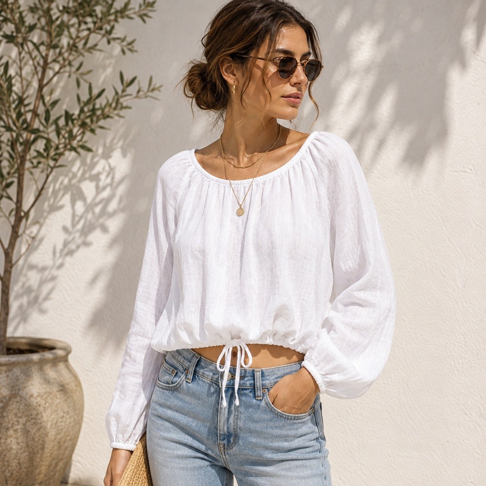 James Perse White Linen Drawstring Hem Blouse Size 1 Small Oversized WKO3985